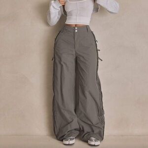 High-Rise Wide Leg Ribbon-Trim Pants - Gray